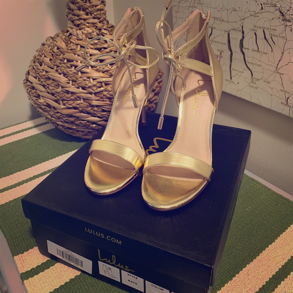 Lulu’s Gold Metallic Lace-up Stilettos